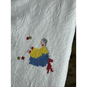 Vintage Handmade White Cotton Folk Art Cross Stitch Tablecloth 48 X 66